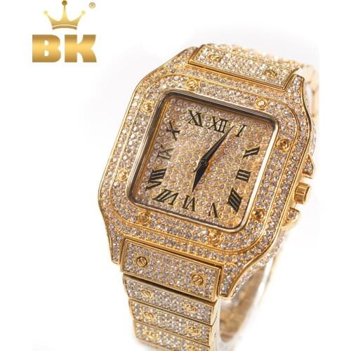 THE BLING KING Iced Out Men Watch Square Diamond Quartz Luxury Mens Wrist Watches Gold Roman Steel Clock Relogio Masculino