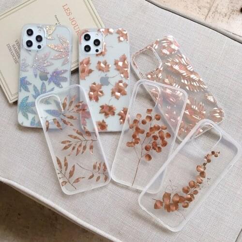Phone Case For iPhone 12 Mini 11 Pro X XR XS Max 8 7 Plus SE 2020 Fashion Electroplated Leaves Glitter Clear Soft IMD Back Cover