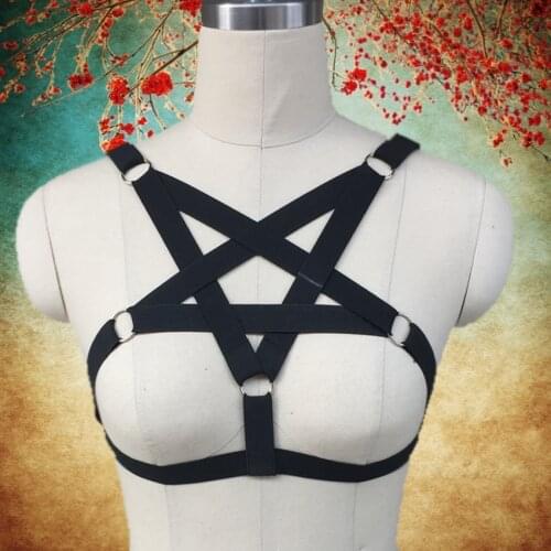Star Elastic punk goth body harness bra sexy Black pentagram Bondage lingerie Goth Caged bra women harness belt