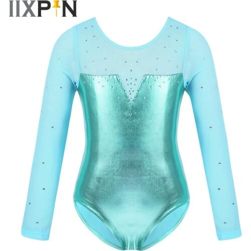 Gymnastics Leotard Girls One-Piece Sparkle dance costume Kids Tulle Long Sleeve Sparkly Rhinestone Metallic Ballet Dance leotard