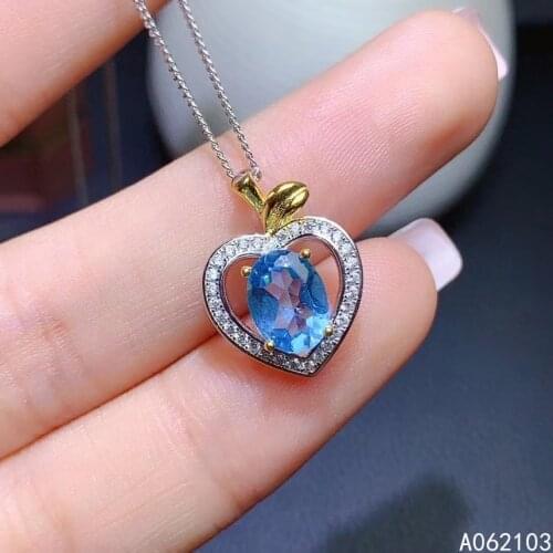 KJJEAXCMY fine jewelry 925 Sterling Silver inlaid natural Blue Topaz Womens lovely fashion heart gem pendant Necklace support t