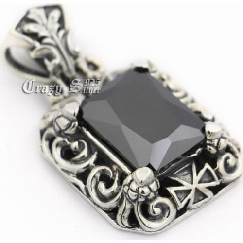 Huge Black CZ Stone 925 Sterling Silver Mens Biker Rocker Punk Pendant 9R024