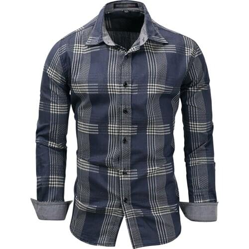 Plus size casual shirt men retro vintage plaid shirt long sleeve turn-down collar slim boys shirts high quality moto male shirt