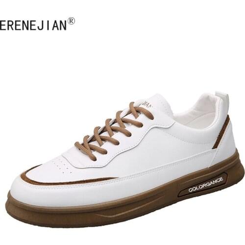 ERENEJIAN Mens Leather Shoes Fashion Breathable White Sneakers Lace Up Flats Shoes Footwear For Male