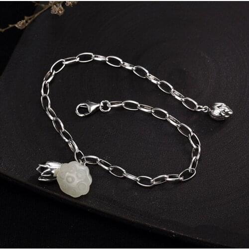 Natural open 925 sterling silver inlaid hetian white lotus jade retro temperament ladies jewelry bangles