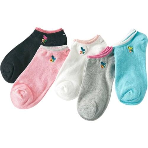 5 Pairs Women Cotton Socks Vintage Embroidery Bird Pure Color Ladies Ankle Socks Comfortable Autumn Winter Sock Meias Calcetines