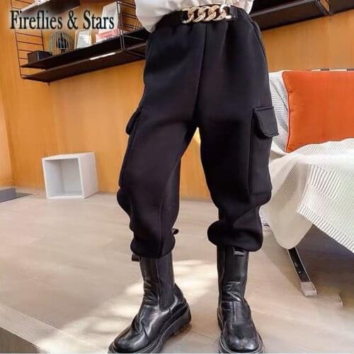 Autumn Winter Girls Pants Baby Trousers Kids Bottoms Children Warm Pants Streetwear New Fashion Medal Buckle Velvet 5 To 14 Yrs