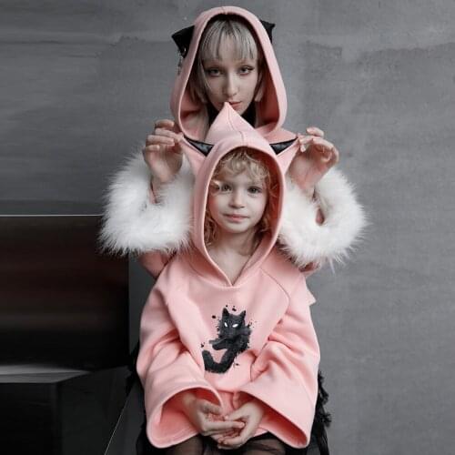 PUNKRAVE Girls Gothic Cat Erar Hat Plus Thick Velvet Sweater Daily Casual Fairy Tale Cat Print Pattern Playful Hoodies Sweater