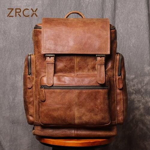 ZRCX Genuine Leather Mens Backpack Handmade Leather Computer Backpack Leather Fashion Bag Frosted Backpack For 16inch Laptop
