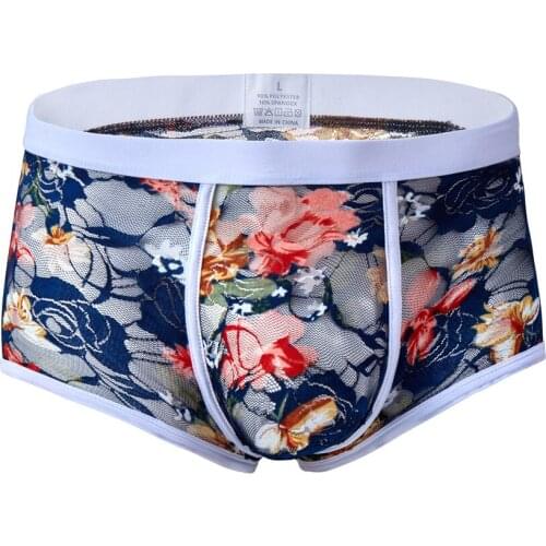 Sexy Gay Underwear Men Boxer Shorts Lace Transparent Panties Print Low Waist U Convex Pouch Underpants Cueca calzoncillos M-XXL