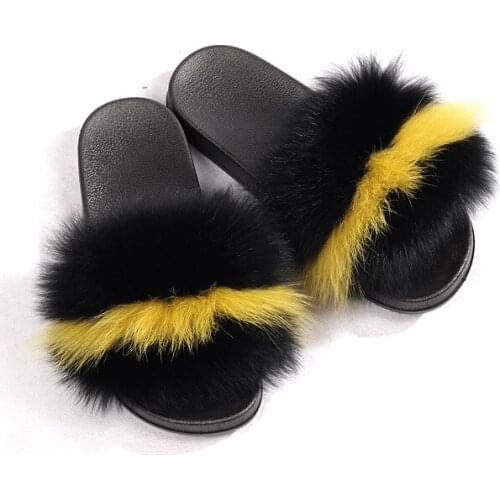 Fur Slippers Real Fox Hair Fluffy Plush Ladies Summer Flip Flops Home Outdoor Non-Slip Wear-Resistant Casual Flat Sandals