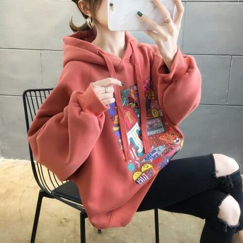 Cartoon print hoodie female autumn/winter large size plus fleece and thick coat explosion hooded blouse