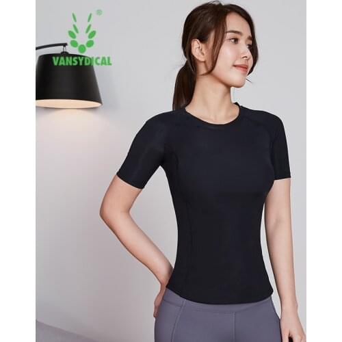 VANSYDICAL Compression Yoga Tops Women Solid Running Shirt Breathable Mesh Gym Fitness Clothes Short Sleeve Workout Sportswear