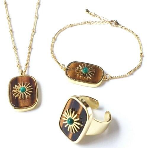 FUWO Natural Tigers Eye Jewelry Sets,Fashion Shining Light Semi Precious Stones Necklace Bracelet Ring Gift For Women JS009