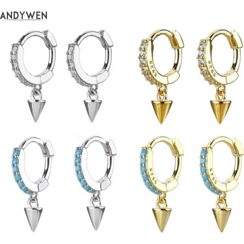 ANDYWEN 925 Sterling Mini 6.5mm Spike Huggies Small Hoops Loop Circle Ring Crystal CZ Women Piercing Clips On Earring Jewelry
