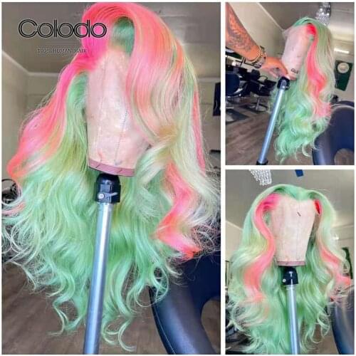 13x4 Mint Green Highlight Lace Front Wig Preplucked Brazilian Remy Body Wave Wig Pink Lace Front Human Hair Wigs With Baby Hair