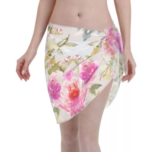 2021 Beach Bikini Cover Ups Wrap Skirt Peonies Bouquet Women Bathing Suit Sexy Swimsuit Beachwear