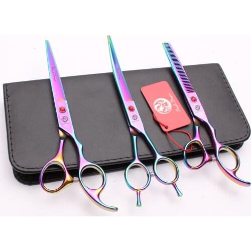Z3002 3Pcs Suit 7" 19.5cm Purple Dragon 440C Cutting+Thinning Scissors+UP Curved Shears Professional Pets Hair Scissors Add Bag