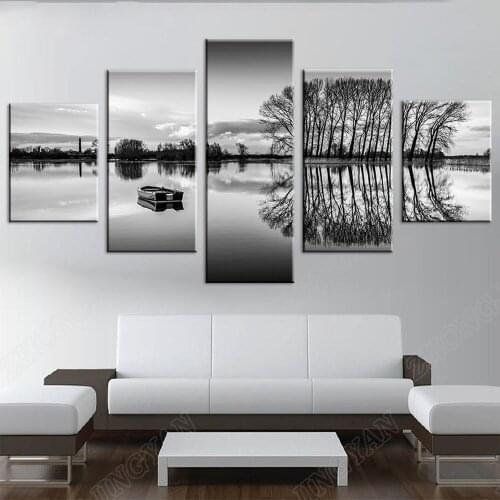 5 Pieces Black And White Pictures Ship Lake Tree Landscape Canvas Painting Art Modular Poster HD Printing Decor Living Room Wall