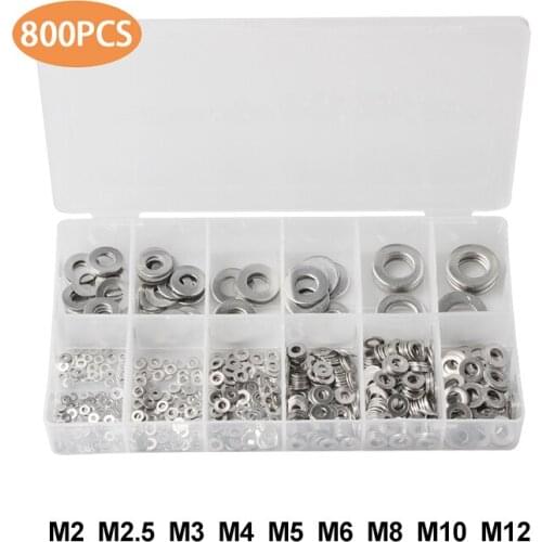 800Pcs 304 Stainless Steel Flat Washer Plain Washer Gaskets Assortment Set M2 M2.5 M3 M4 M5 M6 M8 M10 M12