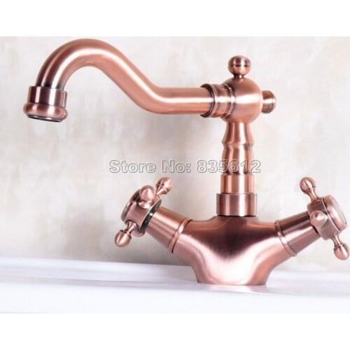 Antique Red Copper Bathroom Basin Sink Faucet Swivel Spout / Vessel Sink Dual Handles Mixer Tap Deck Mount Single Hole Wnf256