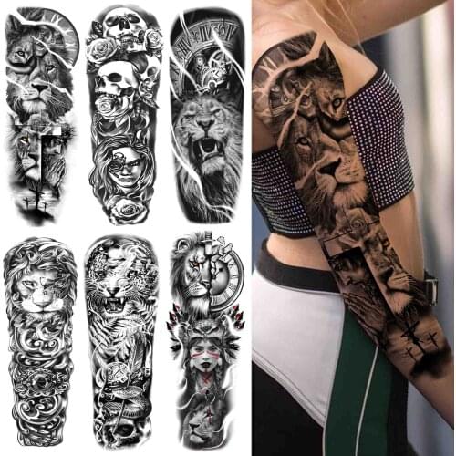 Big Realistic Fake Lion Temporary Tattoo For Women Men Skeleton Black Flower Tattoo Sticker Sleeve Tribal Lion Full Arm Tatoos