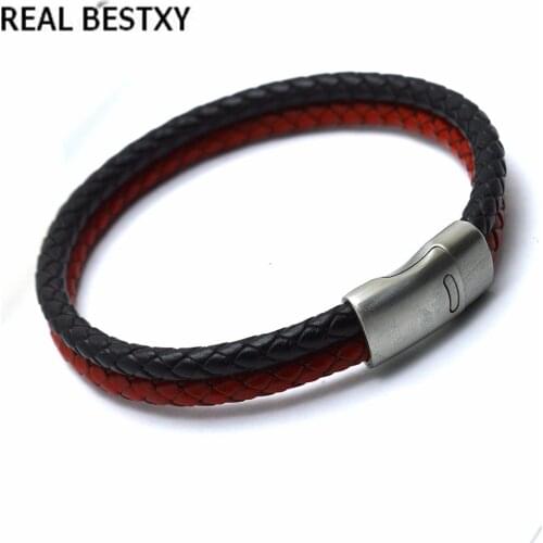 REAL BESTXY bracelet Magnetic buckle Real leather bangles Fashion yoga healing jewelry 2018 genuine leather bracelet for men