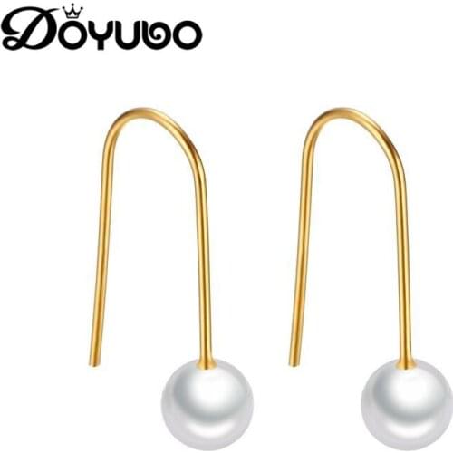 DOYUBO Antique Womens 6mm White Simulated Pearl Drop Earrings Gold Color Stainless Steel Pearl Earrings Accessories DB054