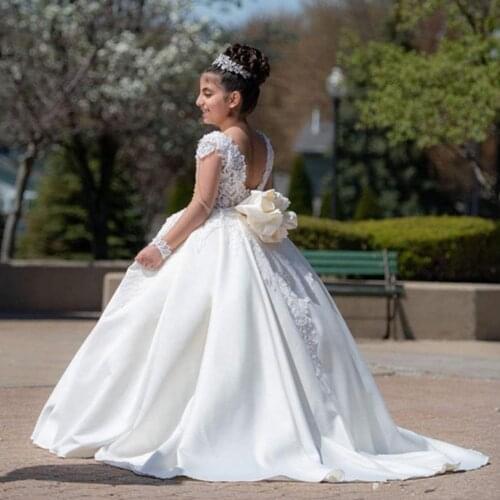 Elegant White Flower Girl Dresses for Wedding Lace 3/4 Long Sleeves Hollow Back First Communion Dresses for 2-14 Years