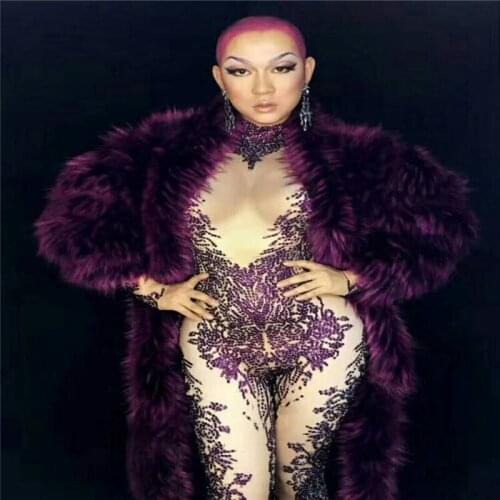 F62 Purple ballroom pole dancer costumes sexy women jumpsuit Rhinestone stretch bodysuit singer outfit dj Fur jacket coat party
