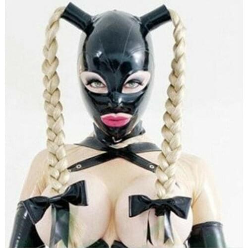 Fetish Mask Latex Hood with Double Blond Ponytail Wigs Beautiful Girl Headgear Rubber Mask Bdsm Toys Bed Restraints Sex