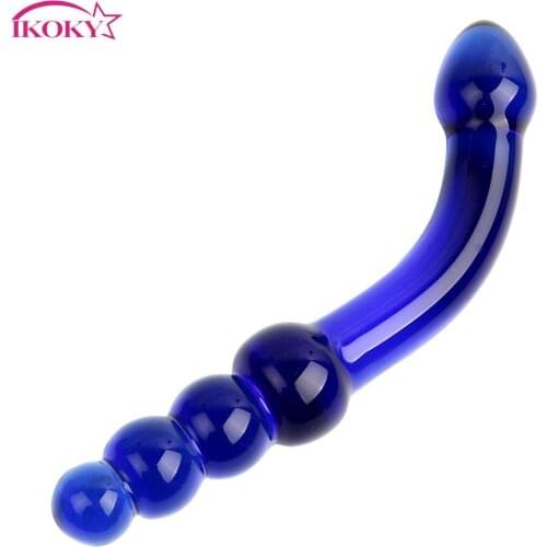 IKOKY Crystal Anal Beads Butt Plug G-spot Stimulation Blue Pyrex Sex Toys for Women Men Fake Penis Glass Dildo