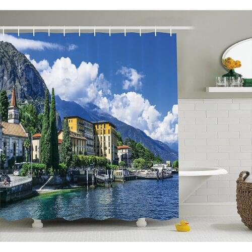 Italy Decor Shower Curtain The Panoramic Landscape of Lake Como Mountains and Clouds Digital Image Bathroom Waterproof Curtains
