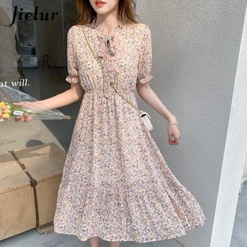 Jielur Korean Floral Summer Dresses 2021 Chiffon Short-sleeved Midi Dress Female A-line Puff Sleeve Pleated Dresses Beach Casual