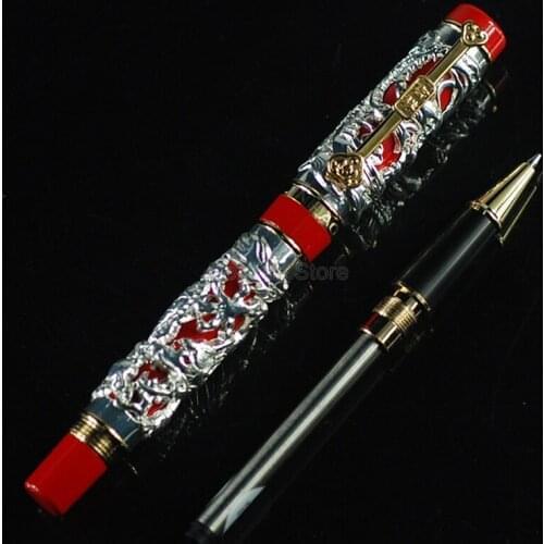 Jinhao Business Dragon Phoenix Vintage Rollerball Pen, Metal Carving Embossing Heavy Pen, Silver & Red For Office School