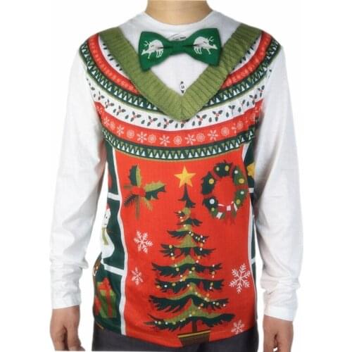 3D Fake Two Piece Cardigan Print Ugly Christmas T Shirt for Men Funny Mens Holiday Season Festival Ugly Xmas Party Tshirt