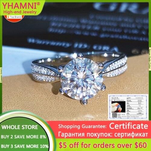 YHAMNI 925 Silver 3 Carat Gemstone Ring Classic 6-claw Brilliant Cut D Color Zirconia Diamond Wedding Rings with Certificate