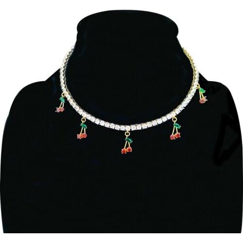 Fashion Iced Out Bling Cherry Choker Pendant Necklace Gold Silver Color with 4mm Tennis Chain Hip Hop Jewelry for Men Women