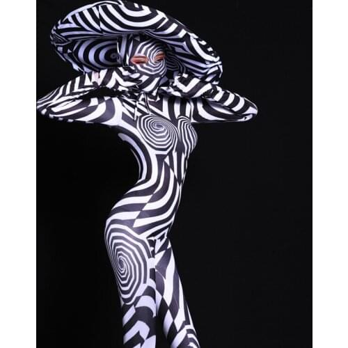 Europe Female Party Stage Show Black White Striped Zebra Jumpsuit Performance Outfits Sexy Ladies Bar Nightclub Rompers Costume