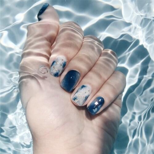 Ocean Halo dyeing Beautiful blue pure color false nails bride full nail tips cute fake nails Northern Europe style