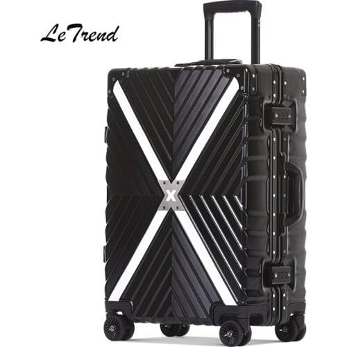 Letrend Aluminium Frame Spinner Rolling Luggage 24 inch Men Retro Travel Bag Trolley Cabin Suitcases Wheel Womens Handbag Trunk