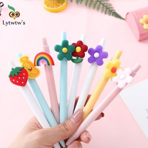 1 Pcs Lytwtws Cute Press Gel Pen Kawaii Stationery Office School Supply Girl Lovely Button Fruit Flower Dog Cat Paw Funny Cake