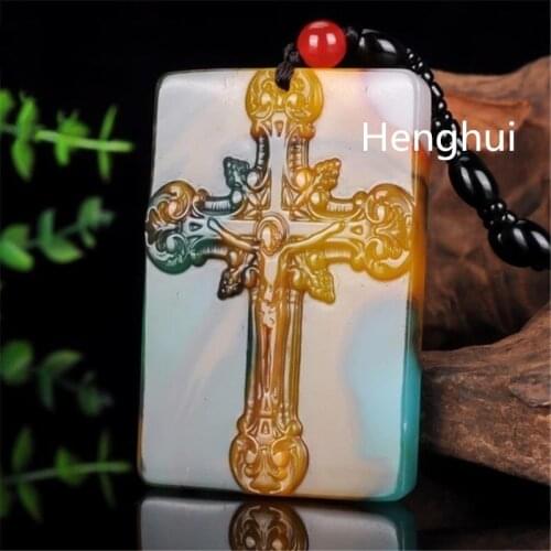Natural Xinjiang Color Jade Stone Cross Jesus Jade Pendant Jewelry Lucky and Auspicious Amulet Pendant Fine Jewelry