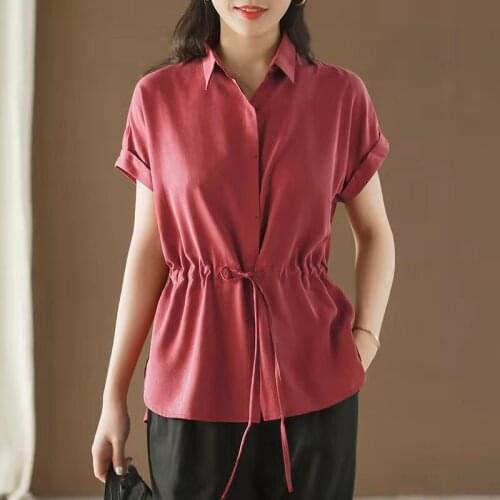 New Arrival Summer Korean Style Women Short Sleeve Turn-down Collar Blouse Covered Button Slim Drawstring Casual Shirts W204