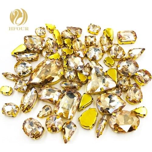 New Product Gold base mixed shape mix size Champagne glass crystal flatback sew on rhinestones DIY Garment/ Shoes Accessories