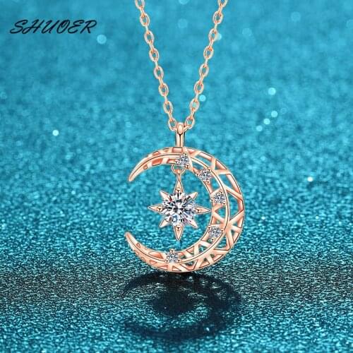 Classic Rose Gold 925 Silver Brilliant Cut 0.5 ct Pass Diamond Tester D Color Moissanite Dream Star Moon Clavicle Necklace GIft