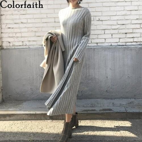Colorfaith New 2020 Autumn Winter Women Dresses Solid Colors Korean Warm Knitting Elegant Vintage Ladies Long Dresses DR6880