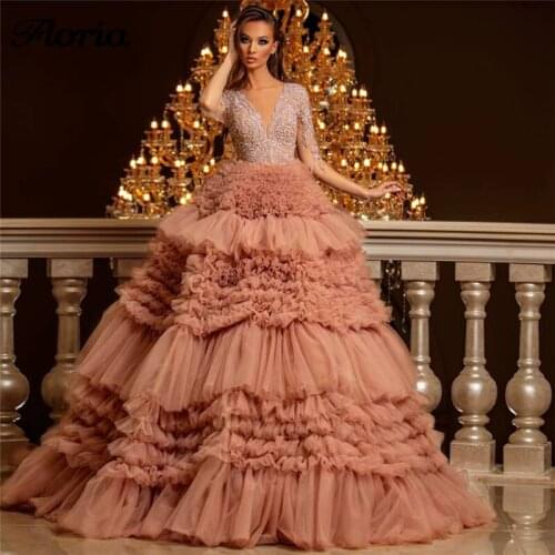 Pink Tiered Evening Dress 2020 Couture New Dubai Prom Dress Islamic Turkish Kaftans Saudi Arabic Plus Size Prom Dresses Vestidos