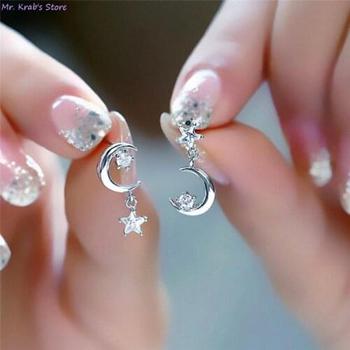 1Pair Moon and Star Stud Earrings Jewelry Korean Style Gift For Women Girls Statement High Quality
