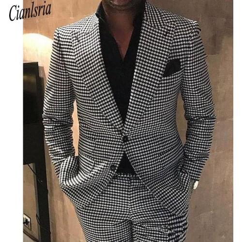 Houndstooth Groom Tuxedos Peak Lapel Men Wedding Tuxedo Fashion Men Jacket Blazer Men Prom Dinner/Darty Suit(Jacket+Pants+Tie)